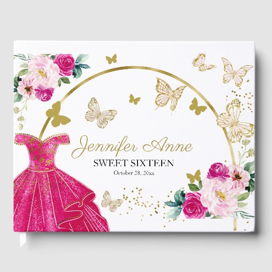 Sweet 16 Butterfly Blume Hot Pink Kleid Gästebuch (Vorderseite)