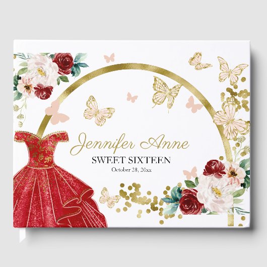 Sweet 16 Butterfly Blume Rotes Kleid Gästebuch (Vorderseite)