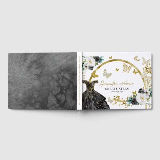 Sweet 16 Butterfly Blume Schwarzes Gold Dress Gästebuch (Voll)