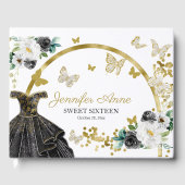 Sweet 16 Butterfly Blume Schwarzes Gold Dress Gästebuch (Vorderseite)