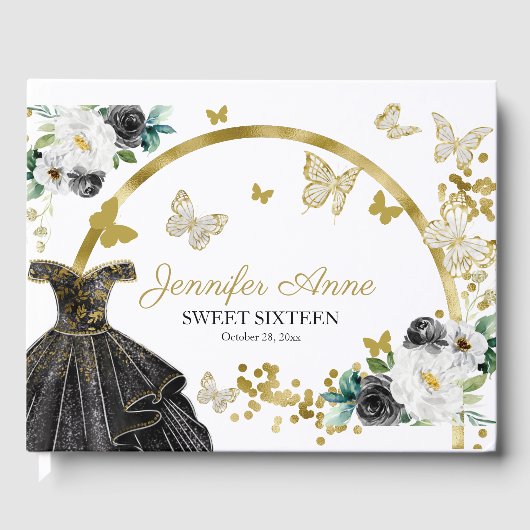 Sweet 16 Butterfly Blume Schwarzes Gold Dress Gästebuch (Vorderseite)