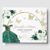 Sweet 16 Butterfly Blume Smaragdgrünes Kleid Gästebuch (Vorderseite)