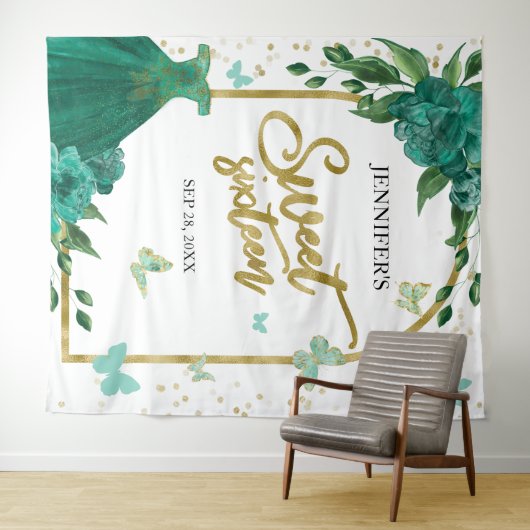 Sweet 16 Butterflys Emerald Green Gown Hintergrund Wandteppich (Beispiel (Horizontal))