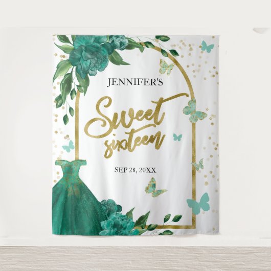 Sweet 16 Butterflys Emerald Green Gown Hintergrund Wandteppich (Vorderseite)