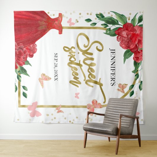 Sweet 16 Butterflys Emerald Red Gown Hintergrund Wandteppich (Beispiel (Horizontal))