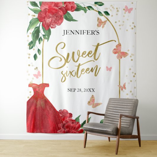 Sweet 16 Butterflys Emerald Red Gown Hintergrund Wandteppich (Beispiel)