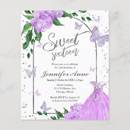 Sweet 16 Butterflys Lavendel Einladung (Vorderseite)