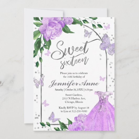 Sweet 16 Butterflys Lavendel Gown Einladung (Vorderseite)