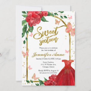 Sweet 16 Butterflys Rotes Gown Einladung