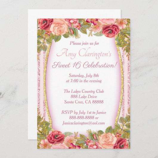 Sweet 16 Card Rosa Blütengold Glitzer Einladung (Vorne/Hinten)
