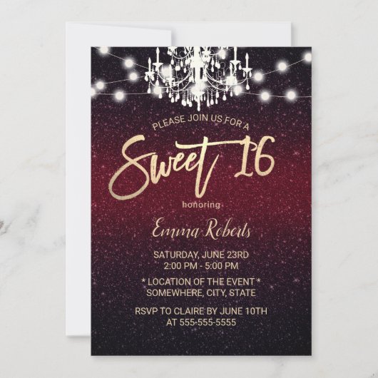 Sweet 16 Chandelier Modern Burgundy Red Glitzer Einladung (Vorderseite)