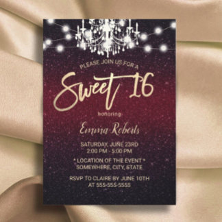 Sweet 16 Chandelier Modern Burgundy Red Glitzer Einladung