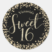 Sweet 16 Chic Black Gold Glitzer Confetti Geburtst Runder Aufkleber (Vorderseite)