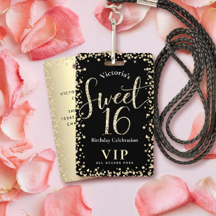 Sweet 16 Chic Black Gold Glitzer Geburtstag VIP Pa Ausweis