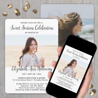 Sweet 16 Chic Modern Script 2 Foto Geburtstagspart Einladung