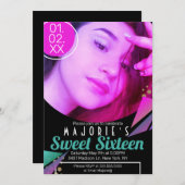 Sweet 16 Club Style Neon Party Foto Einladung (Vorne/Hinten)