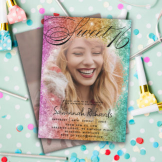 Sweet 16 Colorful Rainbow Glitzer & Foto Party Einladung