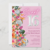 Sweet 16 Colorful Tropical Flowers Disco Birthday Einladung (Vorderseite)