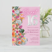 Sweet 16 Colorful Tropical Flowers Disco Birthday Einladung (Stehend Vorderseite)