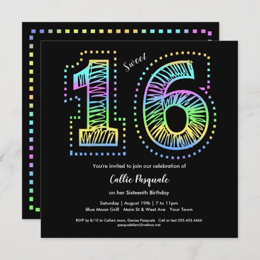 Sweet 16 Cool auf Black Birthday Party Einladung (Vorne/Hinten)