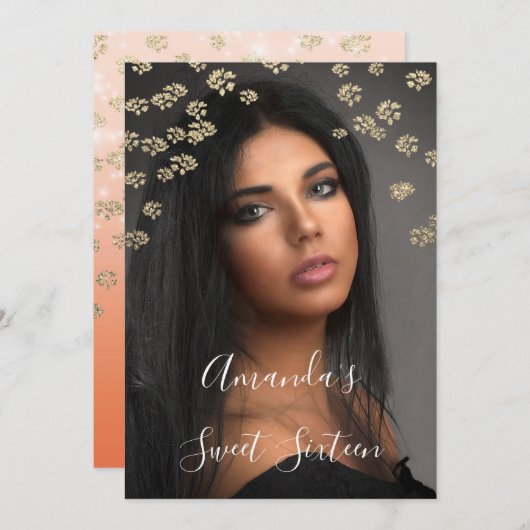 Sweet 16. Coral Blume Gold Ombre Foto Funkelnd Einladung (Vorne/Hinten)