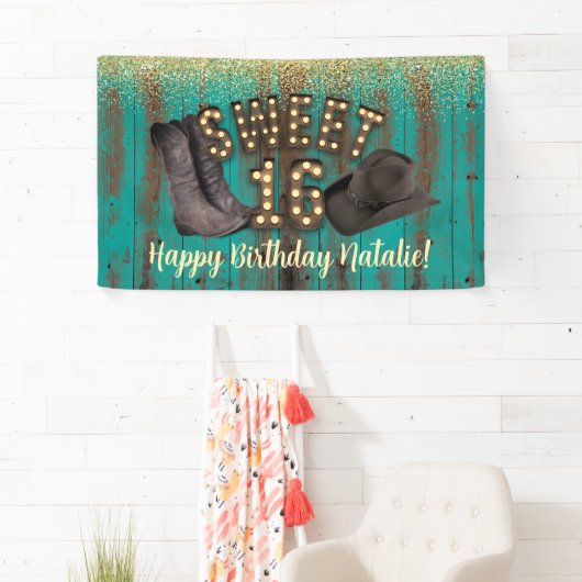 Sweet 16 Cowgirl Aquamarin Barn Wood Rustikaler Ge Banner (Insitu)