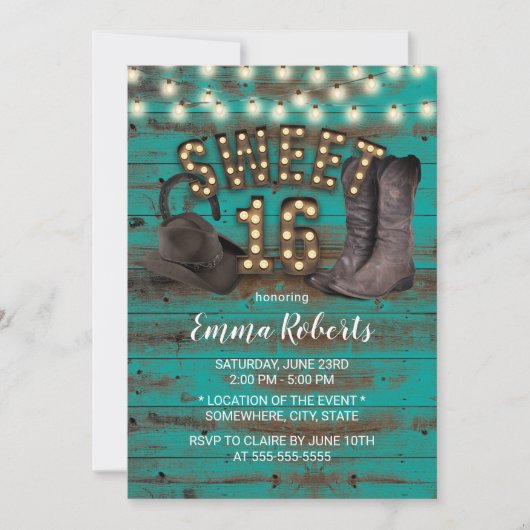 Sweet 16 Cowgirl Rustic Aquamarin Barn Wood Wester Einladung (Vorderseite)
