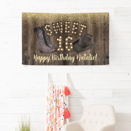 Sweet 16 Cowgirl Rustic Barn Wood Western Geburtst Banner (Insitu)