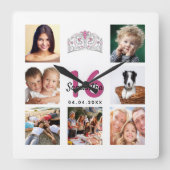 Sweet 16 Custom Foto Collage Tiara Quadratische Wanduhr (Vorderseite)