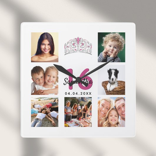 Sweet 16 Custom Foto Collage Tiara Quadratische Wanduhr