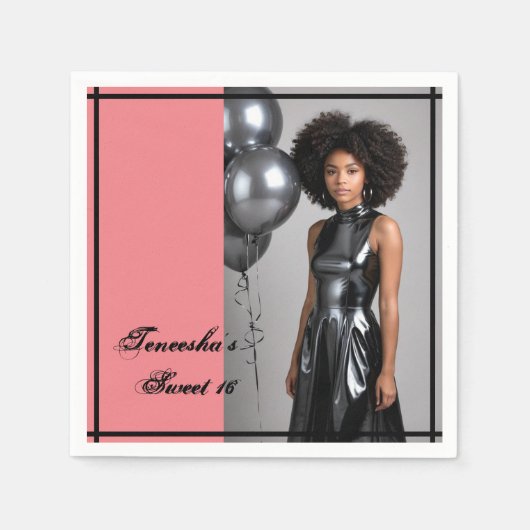 Sweet 16 Custom Foto Napkin - Pink & Black Serviette (Vorderseite)