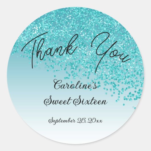 Sweet 16 Danke Falling Aquamarin Blue Glitzer 3 in Runder Aufkleber (Vorderseite)