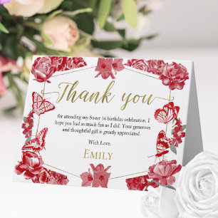 Sweet 16 Dankeschön Card Schmetterling Red Floral Dankeskarte