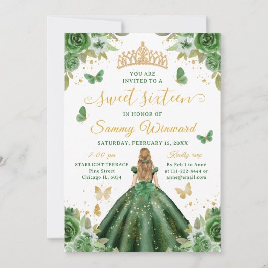 Sweet 16 Dark Green Princess Blonde Girl Einladung (Vorderseite)