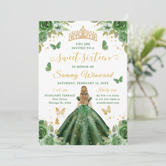 Sweet 16 Dark Green Princess Blonde Girl Einladung (Stehend Vorderseite)