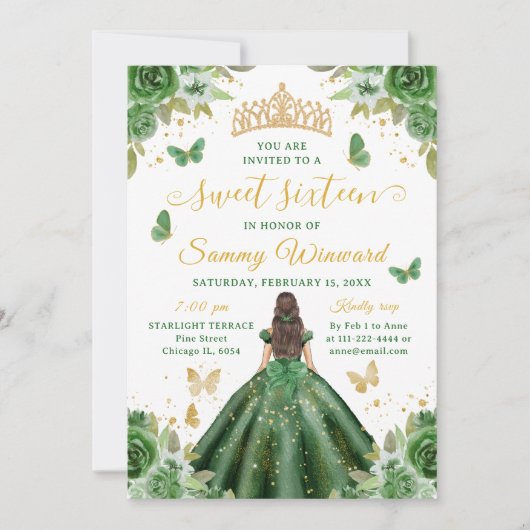 Sweet 16 Dark Green Princess Brunette Girl Einladung (Vorderseite)