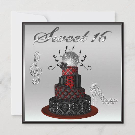 Sweet 16 Disco Diva Cake, Silver Sparkle Hi Heelse Einladung (Vorderseite)