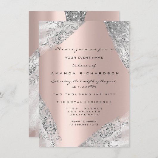 Sweet 16. Dress Spark Rose Silver Gray Diamond Einladung (Vorne/Hinten)