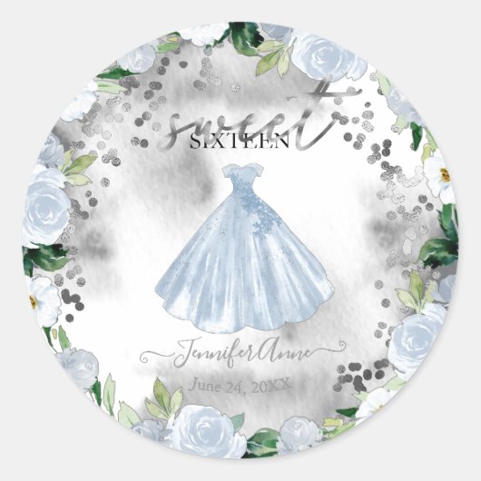 Sweet 16 Dusty Blue Floral Dress Runder Aufkleber (Vorderseite)