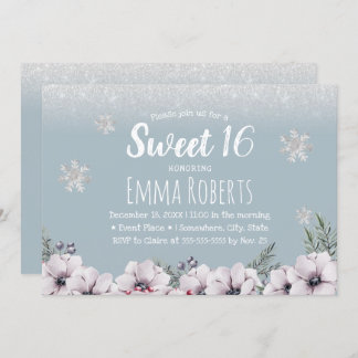 Sweet 16 Dusty Blue Winter Floral Schneeflocken Einladung