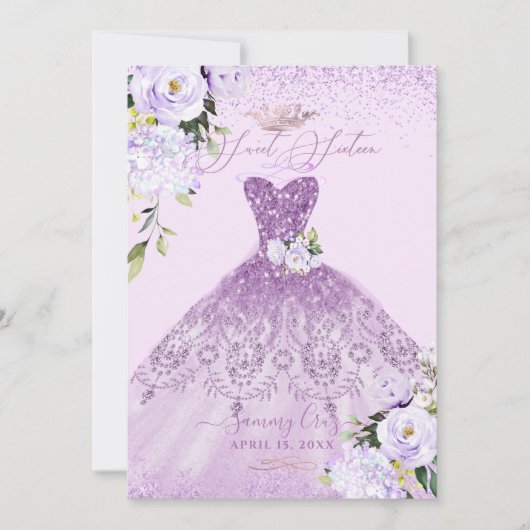 Sweet 16 Dusty Lilac Lila Silver Glitzer Gown Einladung (Vorderseite)