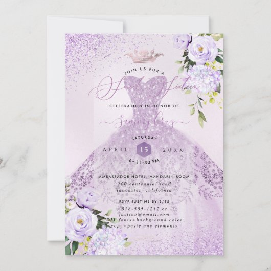 Sweet 16 Dusty Lilac Lila Silver Glitzer Gown Einladung (Rückseite)