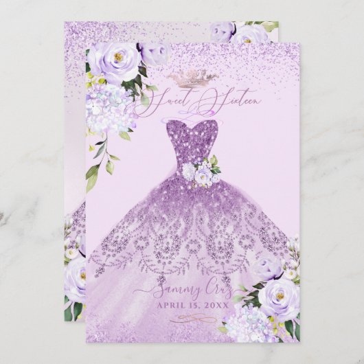 Sweet 16 Dusty Lilac Lila Silver Glitzer Gown Einladung (Vorne/Hinten)
