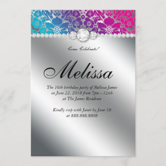 Sweet 16 Einladung BlumenDamast Pink Blau Silber