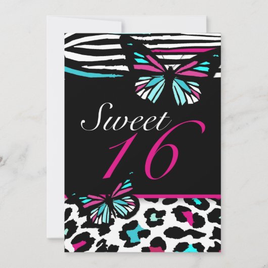 Sweet 16 Einladung Bright Butterfly & Zebra Print (Vorderseite)