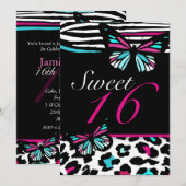 Sweet 16 Einladung Bright Butterfly & Zebra Print (Vorne/Hinten)