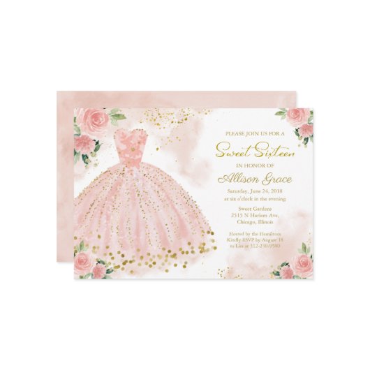 Sweet 16 Einladung Gold Foil Pink Blush Gown (Vorderseite/Rückseite Beispiel)