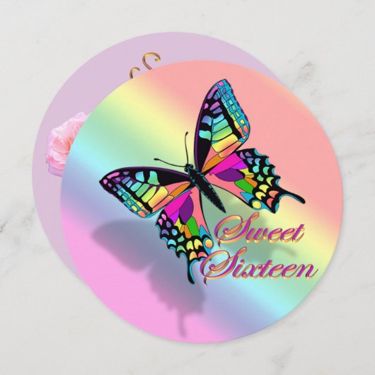 Sweet 16 Einladung Regenbogen und Schmetterling (Vorne/Hinten)