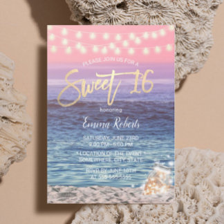 Sweet 16 Elegant Pink Beach Mason Jar String Light Einladung