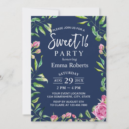 Sweet 16 Elegant Watercolor Floral Blue Einladung (Vorderseite)